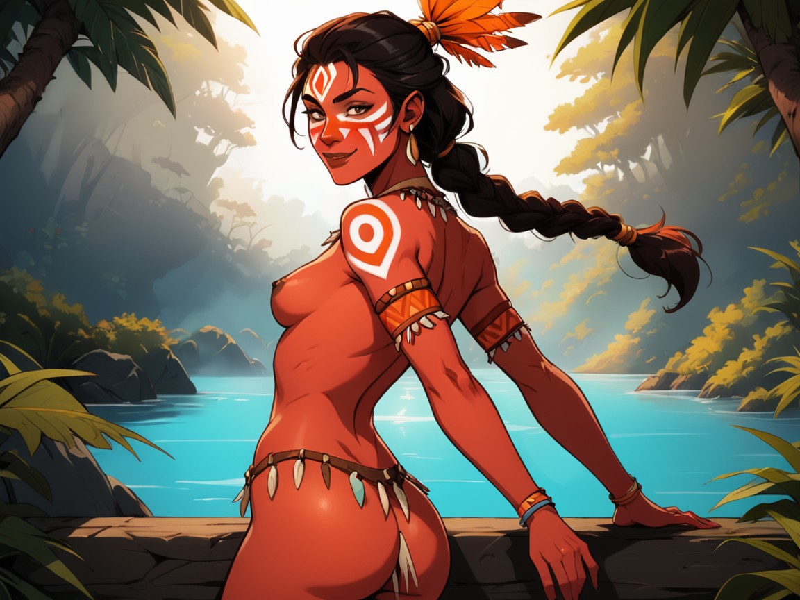 Orange Elk Tribal Body Paint, Small Breasts, Low Torso Height AI Porn