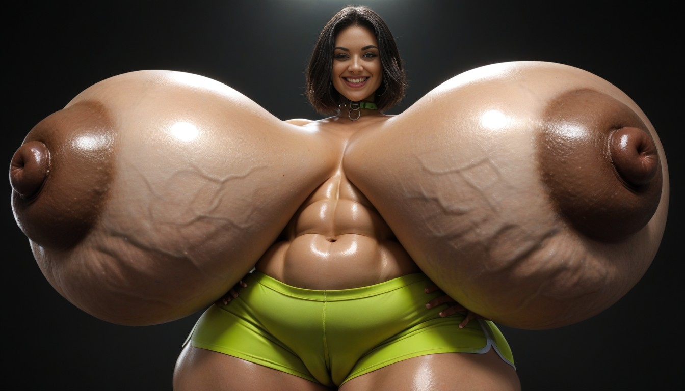 Massive Hanging Torpedo Breasts, Hyper Puffy Brown Nipples, Collar AI Porn