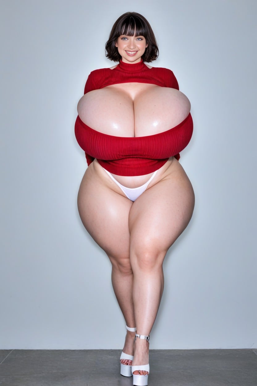 Red Sweater Dress, Thong, Bangs AI Porn