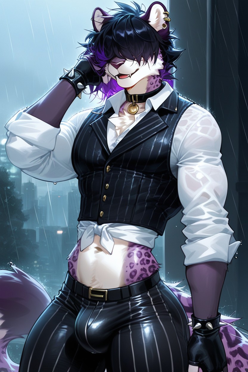 Wet Clothes, Feminine, Dark Grey Striped Vest Furry AI Porn