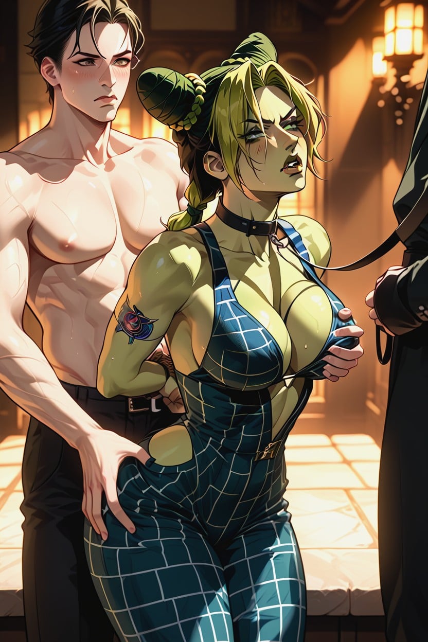Brown Woman, Jolyne Arms Behind Her Back, Brown Woman Grabbing Jolynes Breasts Hentai AI Porn