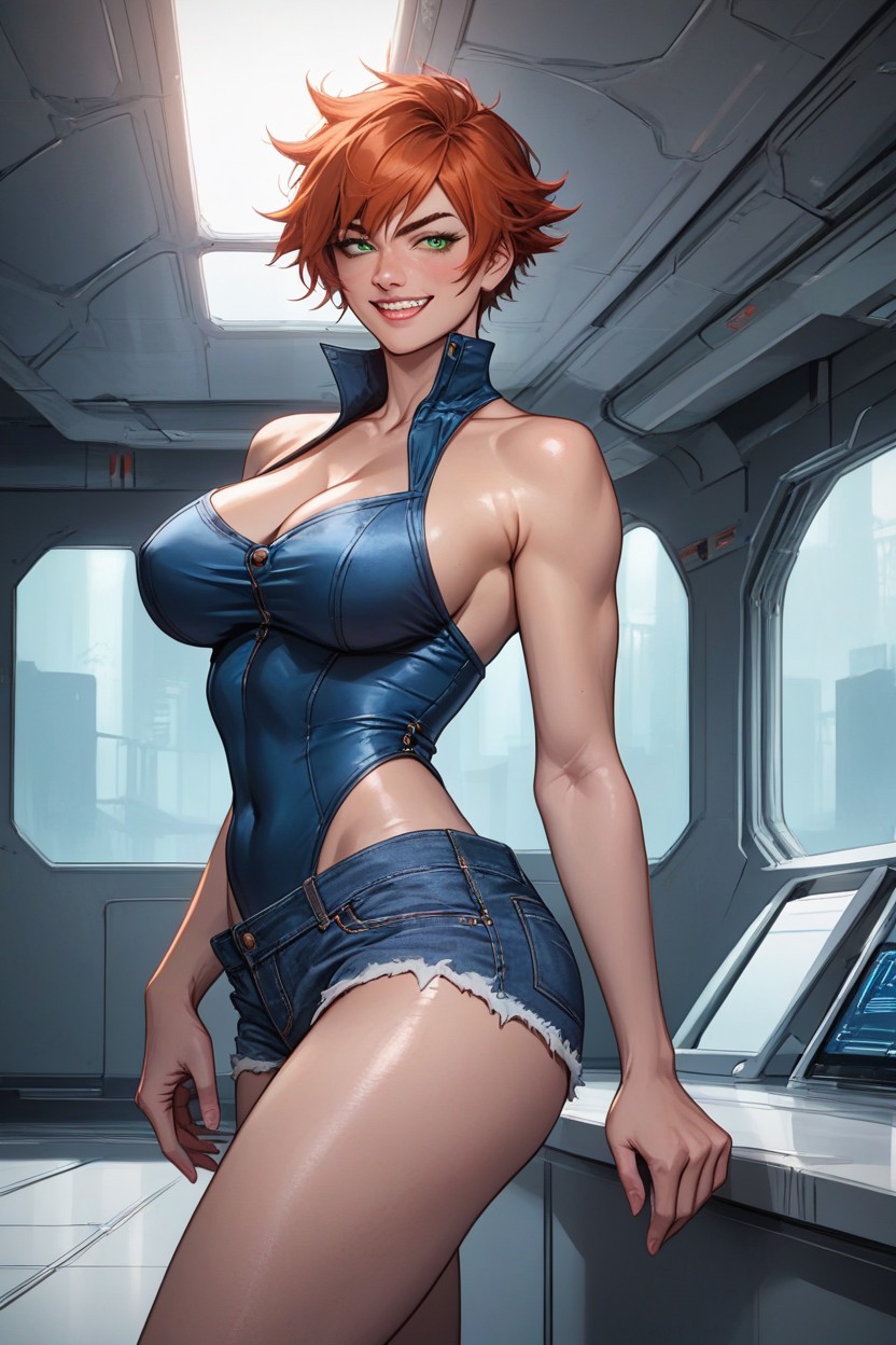 Green Eyes, Jean Shorts, Detailed Face Hentai AI Porn