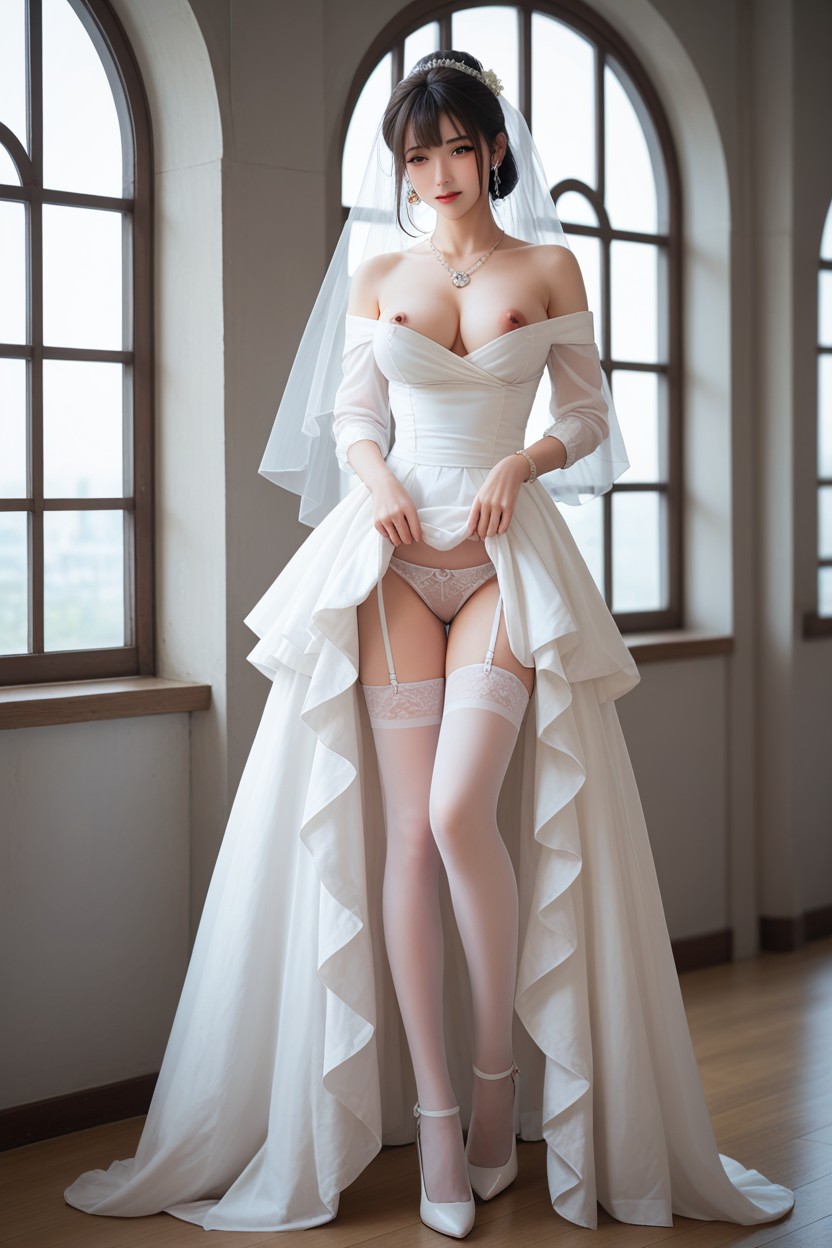 Black Low Bun Hair, Earring, White Veil Asian AI Porn