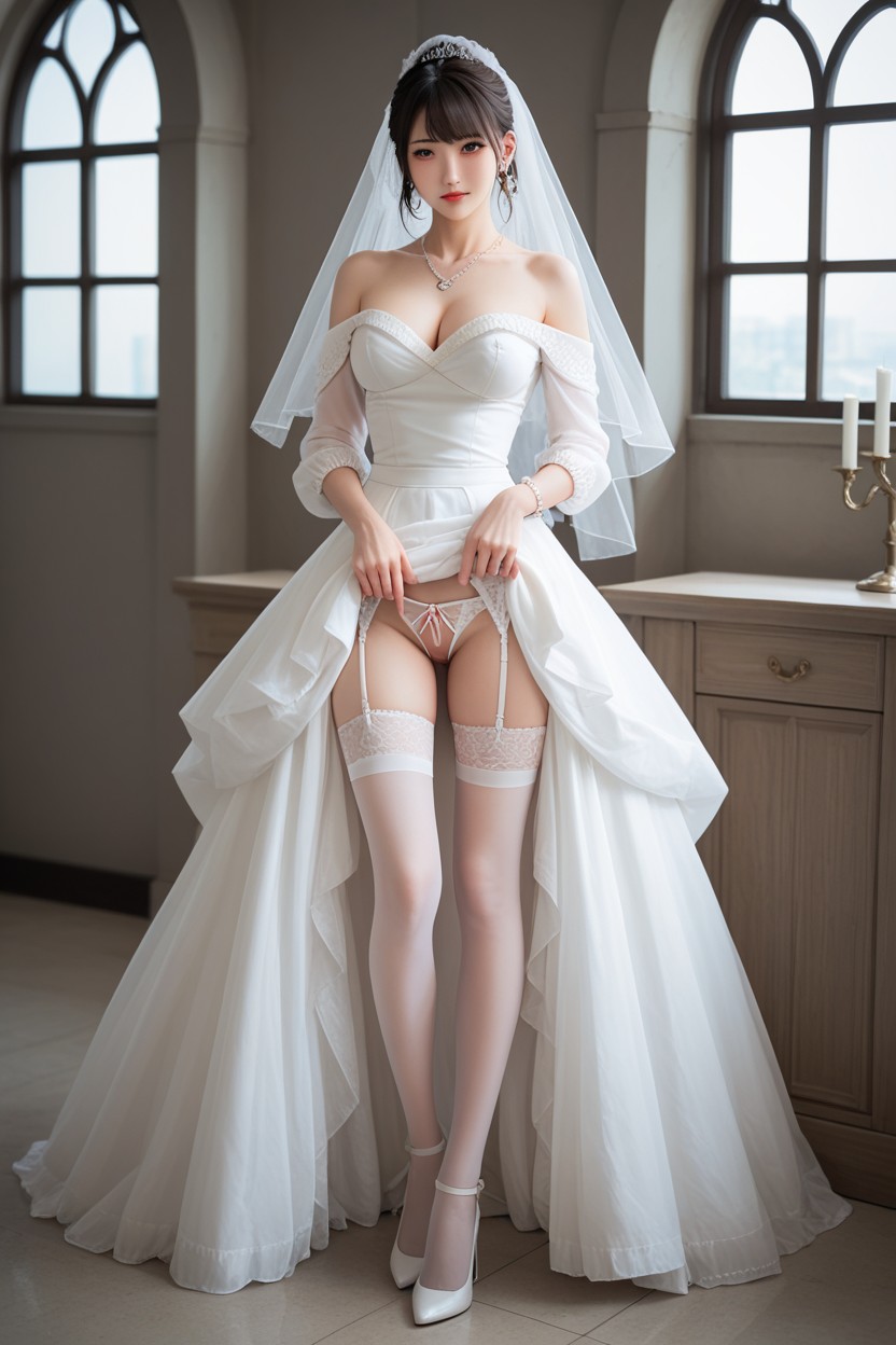 In Wedding Hall, White Veil, 치마를 들어올리다 아시아 AI 야짤