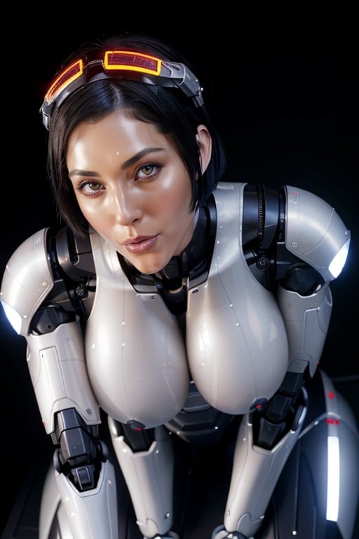 Plastic Skin, Black Hair, Mischievous Horny Expression AI Porn