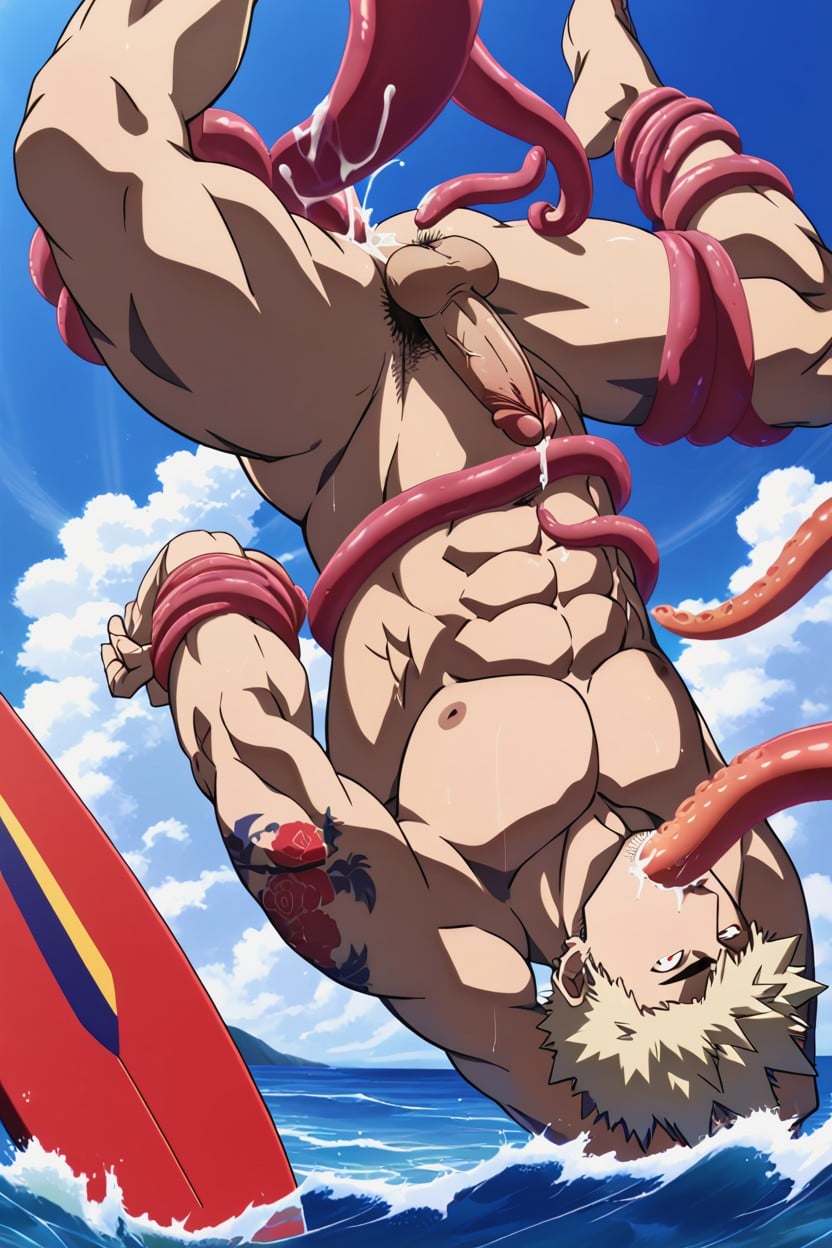 Waves, Tentacle Wrapped Around His Legs, Tentacle Blowjob AI Gay Porn