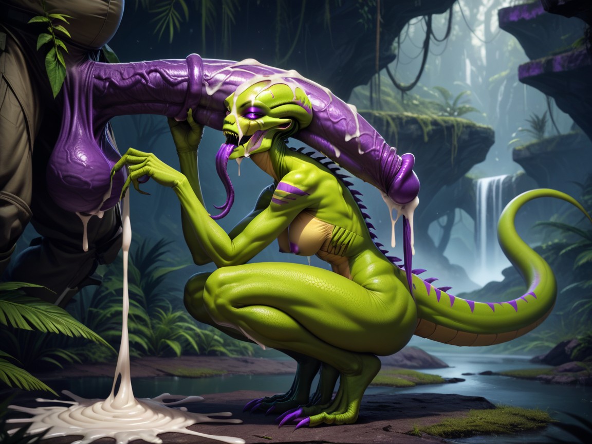 Cum On Breast, Purple Eyes, Gigantic Throbbing Cock Filling Up The Whole Image AI Porn