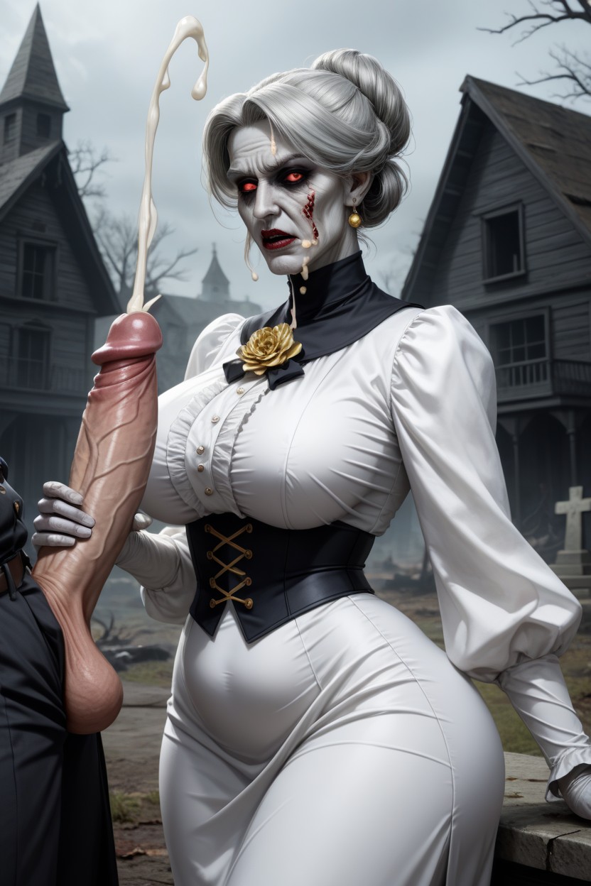 White Empty Zombie Sunken Eyes, Shocked, Grey Scarred Skin Undead Zombie Edwardian Lady AI Porn