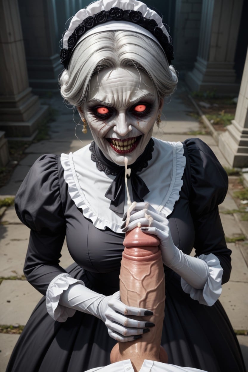 White Empty Zombie Sunken Eyes, Ash Hair, Undead Ghastly Ghoulish Pallid Scarred Zombie Appearance AI Porn