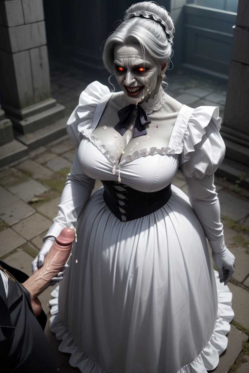 Huge White Hyper Cock, White Empty Zombie Sunken Eyes, Rough Handjob In Her Costume AI Porn