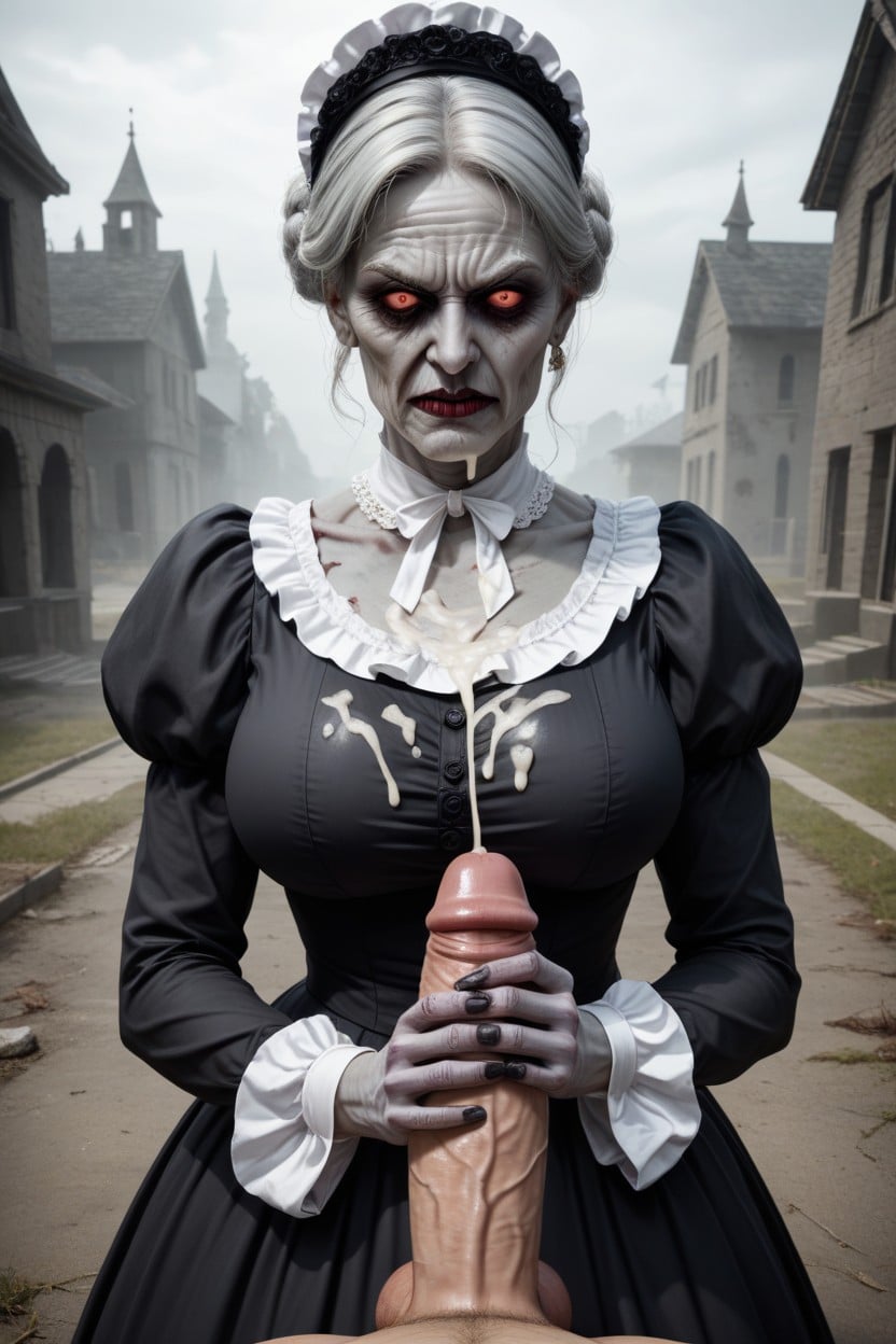 Hair Bun, Grey Scarred Skin Undead Zombie Victorian Lady, Eerie Dark Haunted Cemetary AI Porn