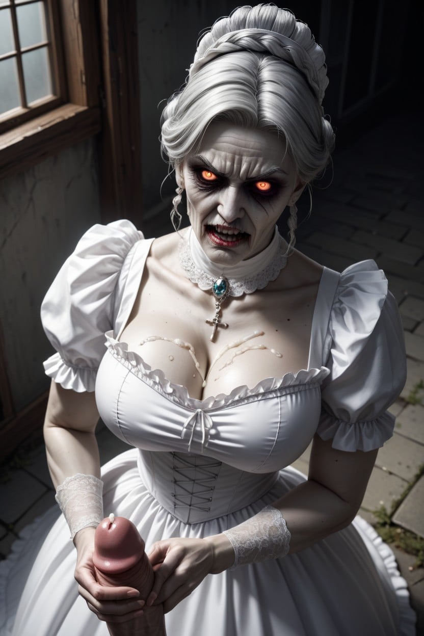 Eerie Dark Haunted Cemetary, Huge White Cock Only, Hair Bun AI Porn