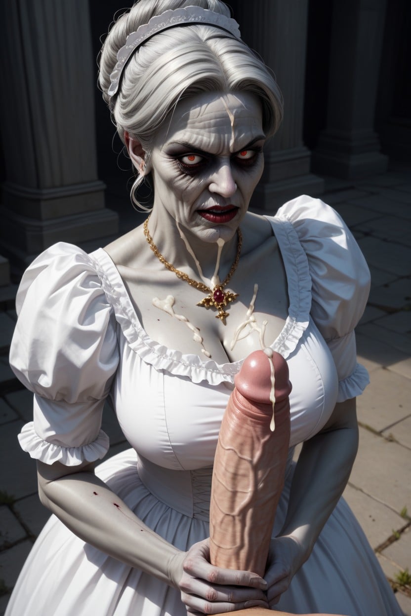 White Empty Zombie Sunken Eyes, Hair Bun, She Is Gripping His Cock Tightly With Both Hands AI Porn