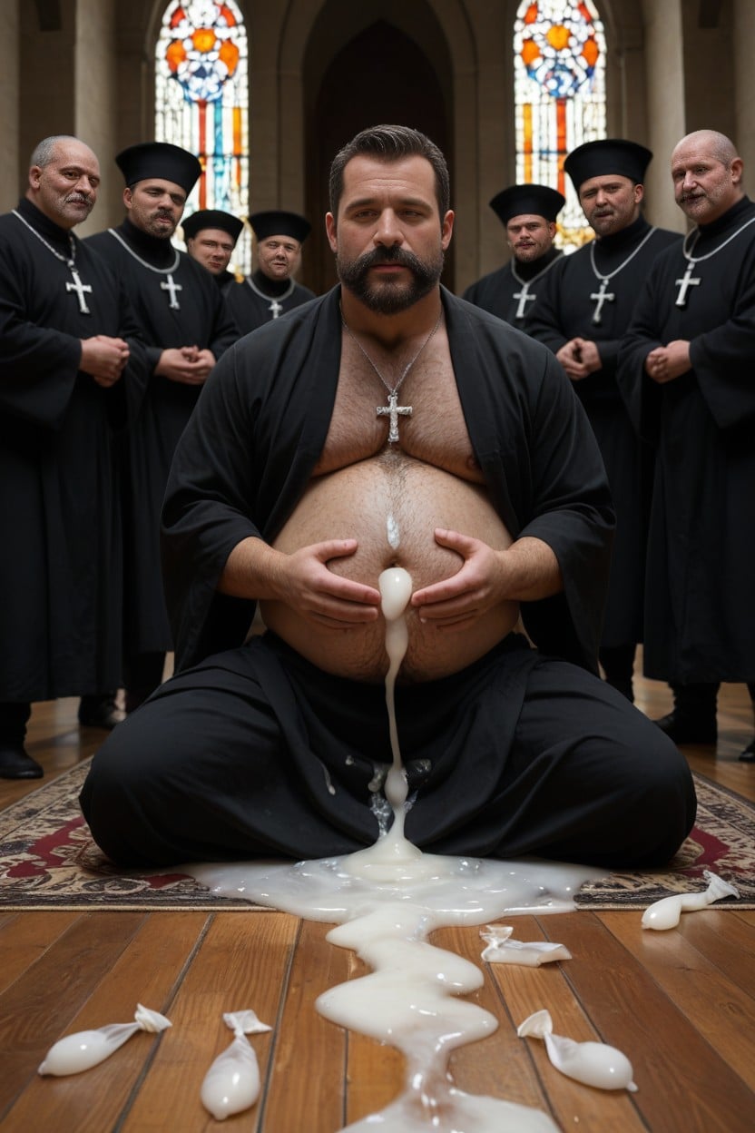 Group Of Men With Mustache, Condom On Face, Big Belly AI Gay Porn