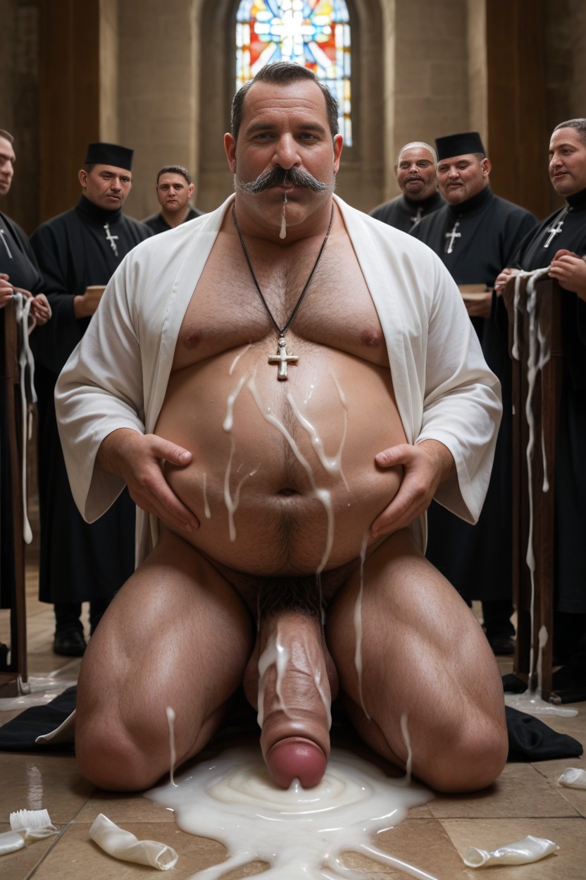 Thick Mustache, Sweaty And Wet White Priest Robe With Dried Cum Stains All Over, Hyper Cum Cum On Face AI Gay Porn