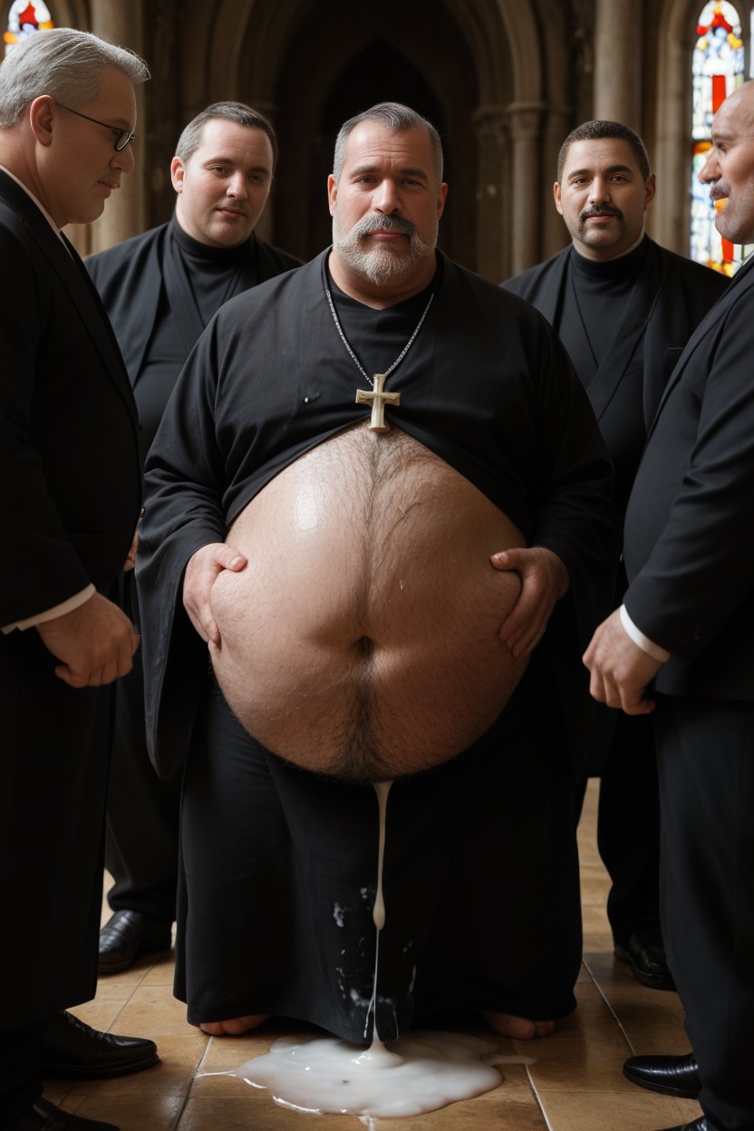 Wearing Silver Cross Necklace, Pouring Out A Condom Full Of Cum, Hyper Hairy Chesthairy Chest AI Gay Porn