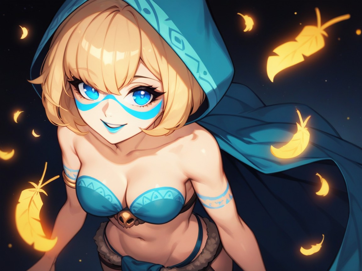 Feather Jewelry, Pale Skin, Fire In Background Hentai AI Porn