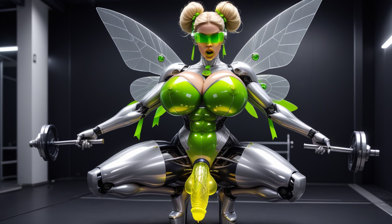 Wears Transparent Clear Visor, Open Mouth, From Neck To Toe Metallic With Metallic Wings AI Porn