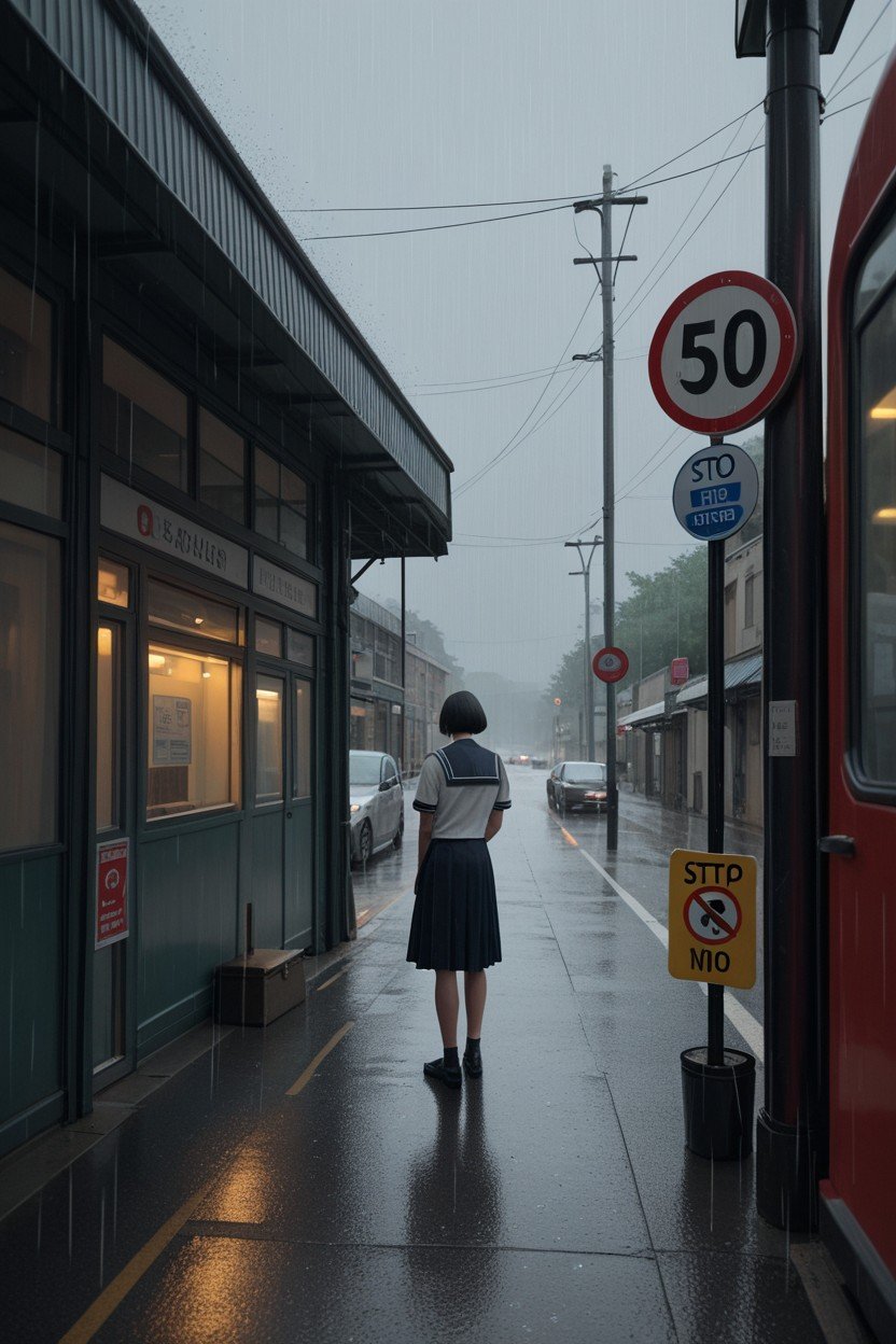 Bus Stop, Sailor Uniform, Raining Asian AI Porn