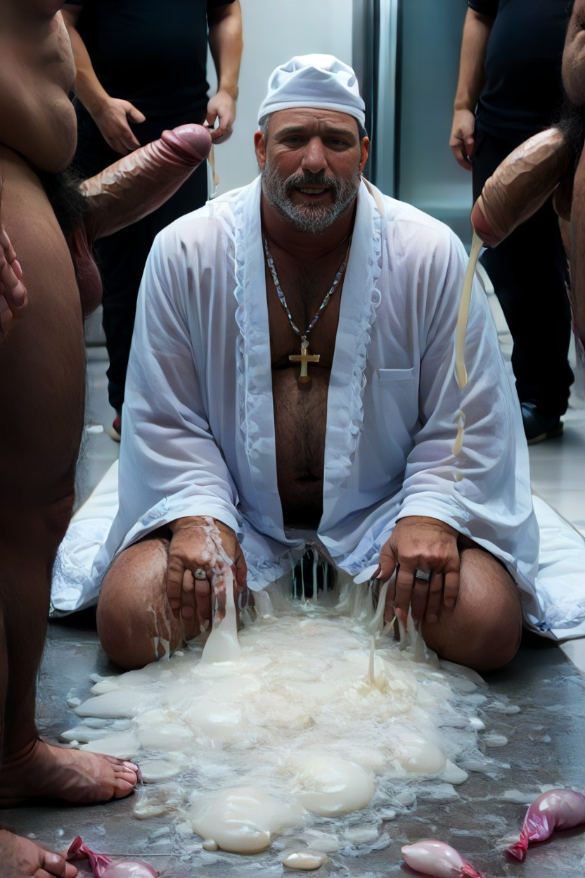 Wearing Silver Cross Necklace, Eyes Covered In Cum, Stained Black Priest Robe ゲイAIポルノ