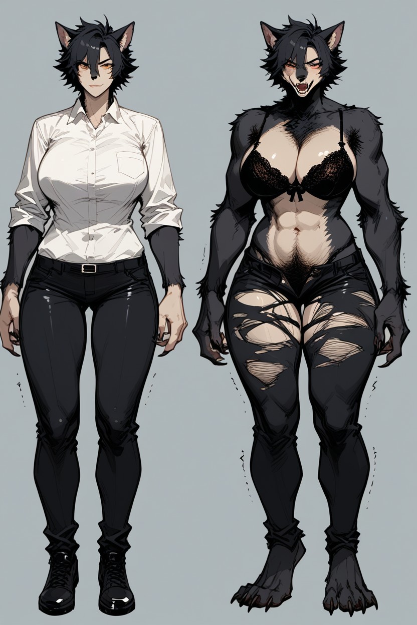 I She Is On Middle Of The Werewolf Transformation, Full Body, Dressing Broken Bra AI Porn