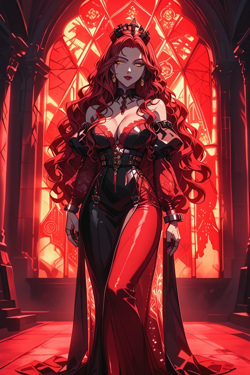 Wide Hips Wearing Dark Red Lace Lingerie, A Sheer Black Silk Robe Flowing Open, Cleavage Hentai AI Porn
