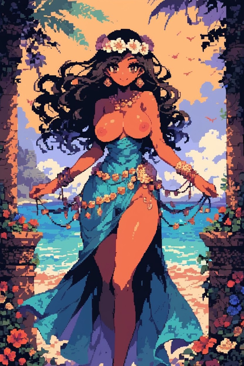 Beach, Doing A Hula Dance, Exposed Breasts Hentai AI Porn