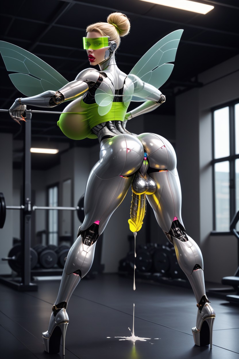 She Has Metallic Robot Penis, Lifting Barbells, Her Robot Pussylips Are Shiny Metallic AI Porn