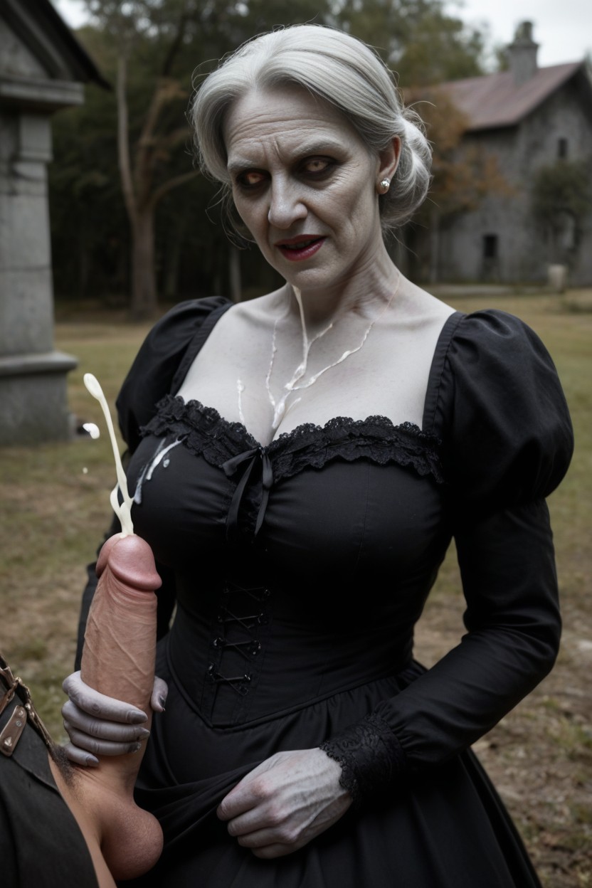 Huge Cumshot, Grey Scarred Skin Undead Zombie Victorian Lady, Standing AI Porn