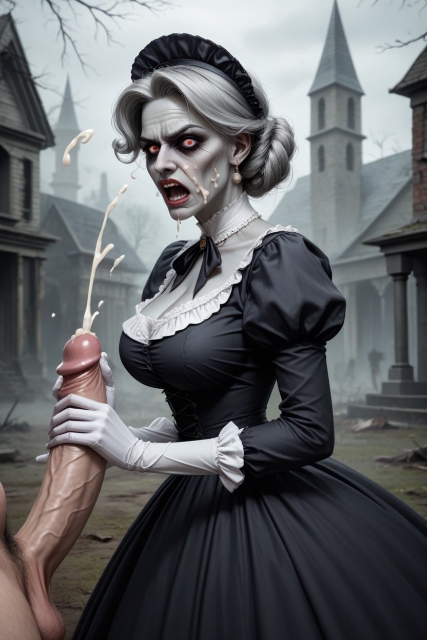 Huge White Cock Only, Angry, Wearing Full Traditional White Victorian Costume Dress AI Porn