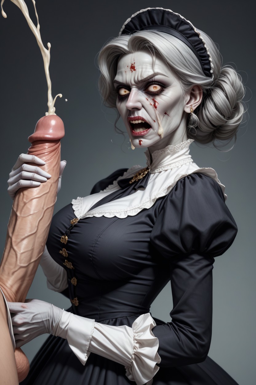 Huge White Hyper Cock, Eerie Dark Haunted House, Grey Skin Undead Zombie Traditional Victorian Lady AI Porn