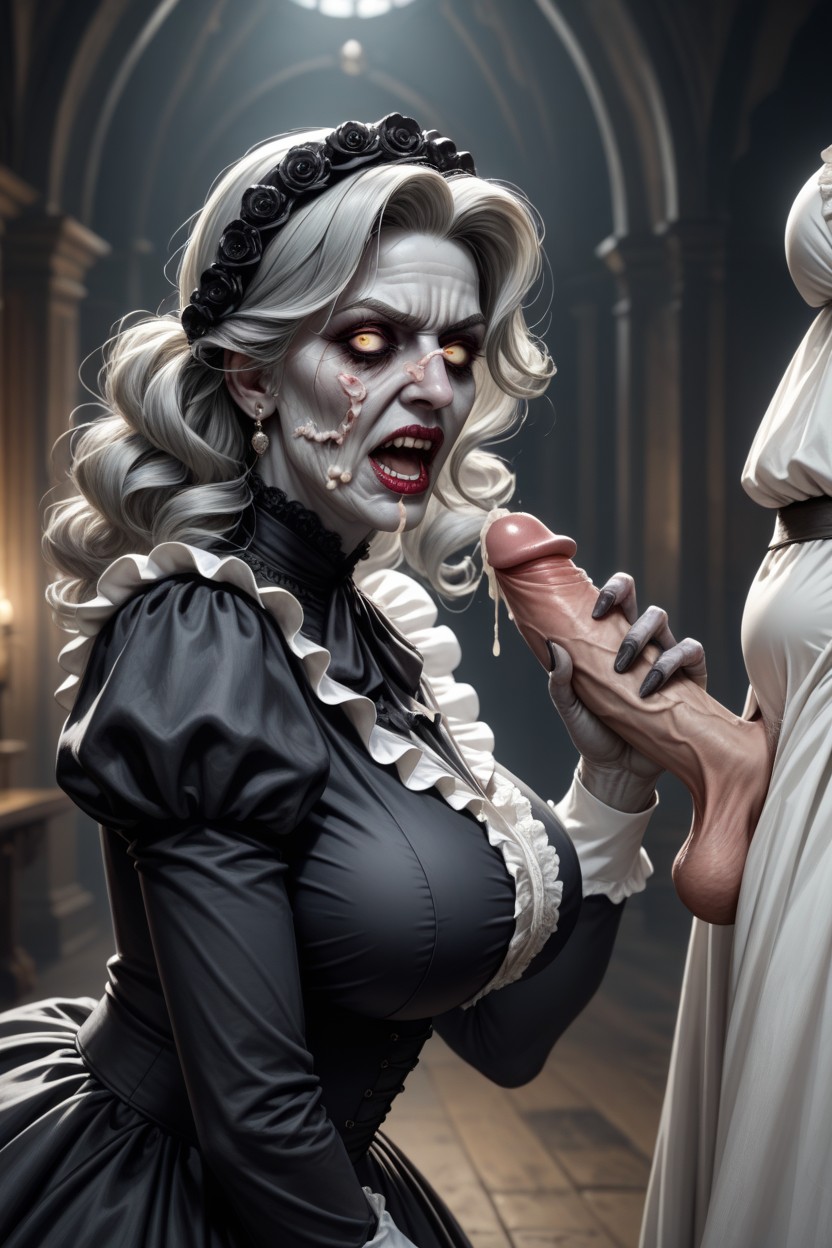 Haunted House, Grey Skin Undead Zombie Traditional Victorian Lady, Huge Cumshot AI Porn
