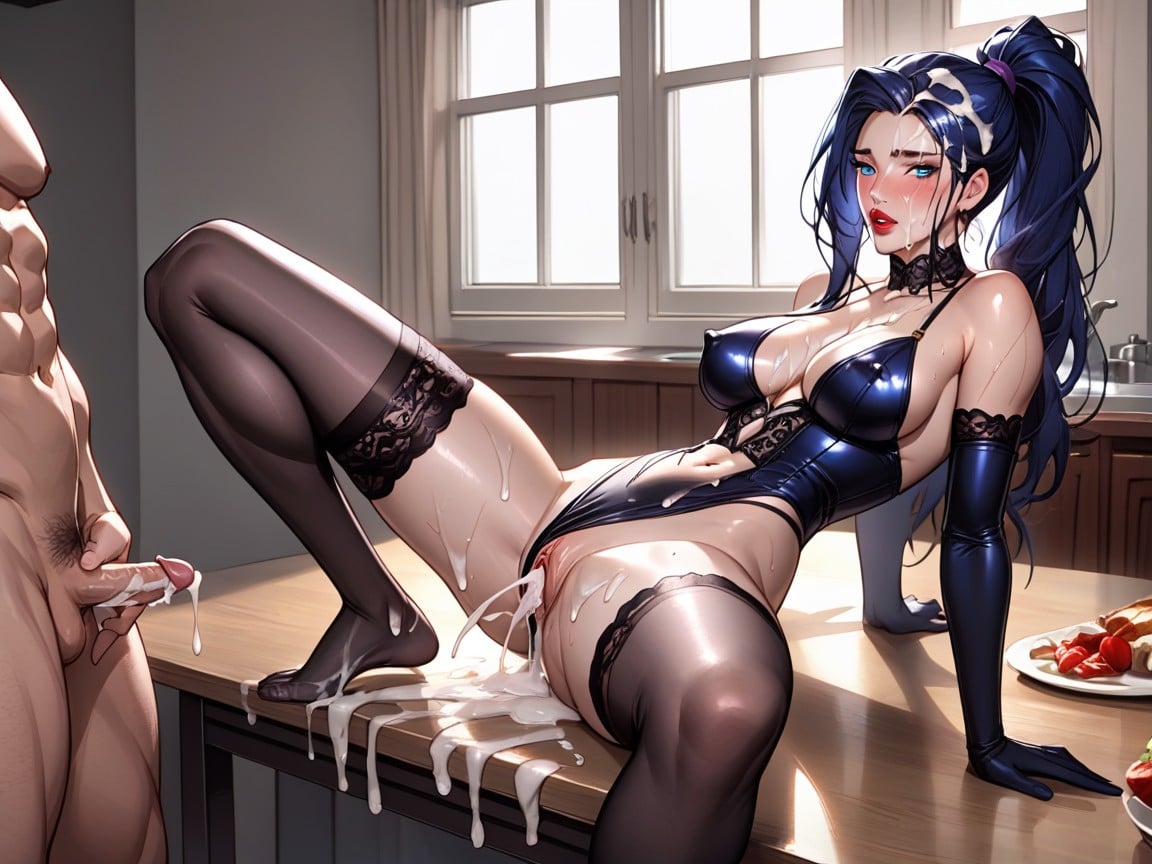 Dark Blue Hair, Oiled Skin, Looking At Viewer Hentai AI Porn