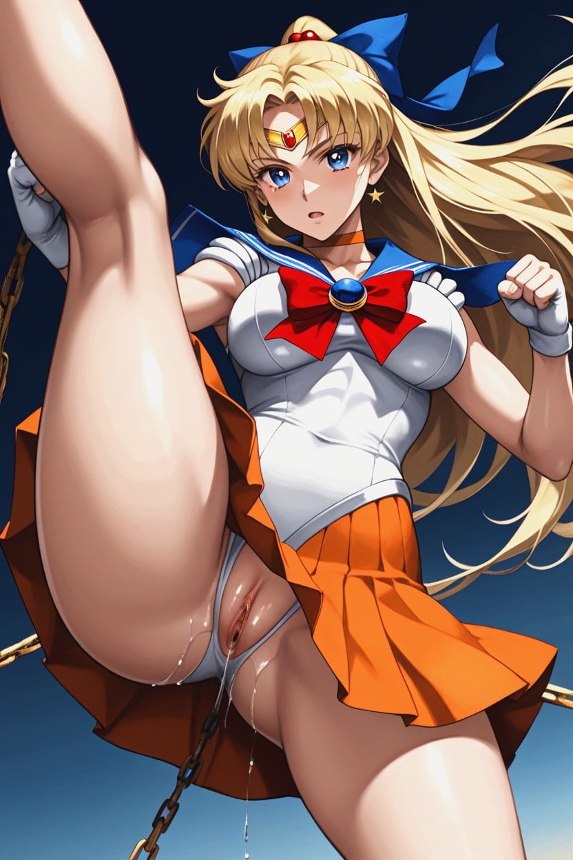 Solo, Holding A Golden Chain, Big Blue Ribbon On Chest Hentai AI Porn