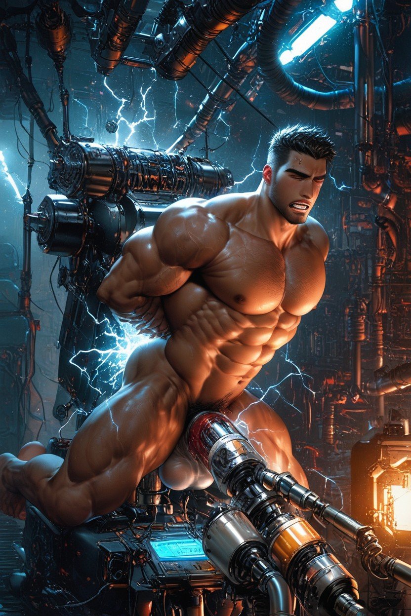 Doggy Style, Fucking Machine With Extreme Hyper Huge Massive Gigantic Metal Spiked Dildos, Fucked By A Fucking Machine AI Gay Porn