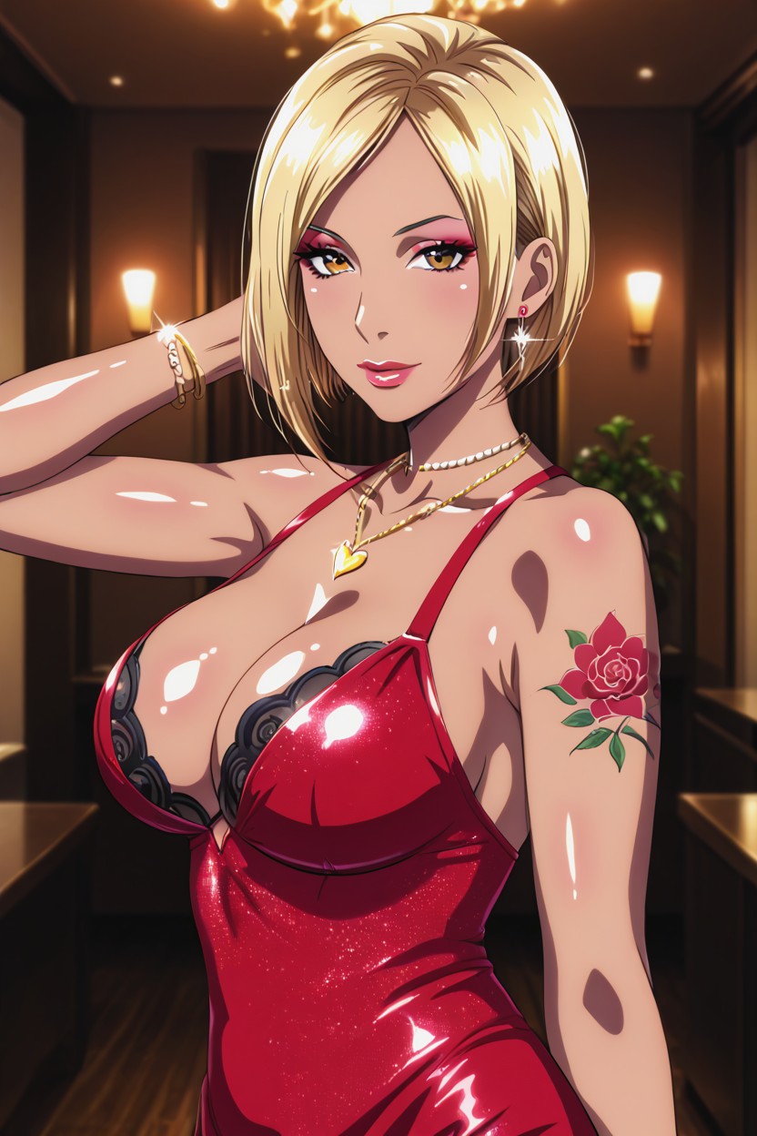 Oiled Skin, Pink Flowery Tattoos On Arm, Shiny Skin Hentai AI Porn