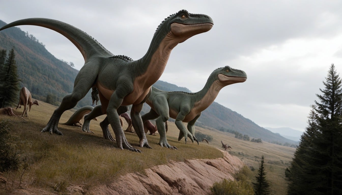 Large Group Of Allosaurus In Background, Large Group Of Triceratops In Background, Prehistory AI Porn