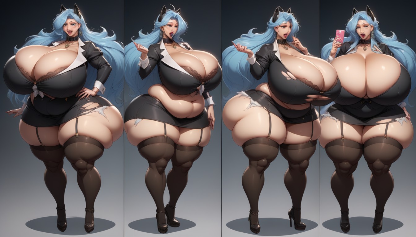 Escote, Long Straight Black Blue Hair, Hyper Mega Fat Thick Hourglass Body Figure Porno BBW IA