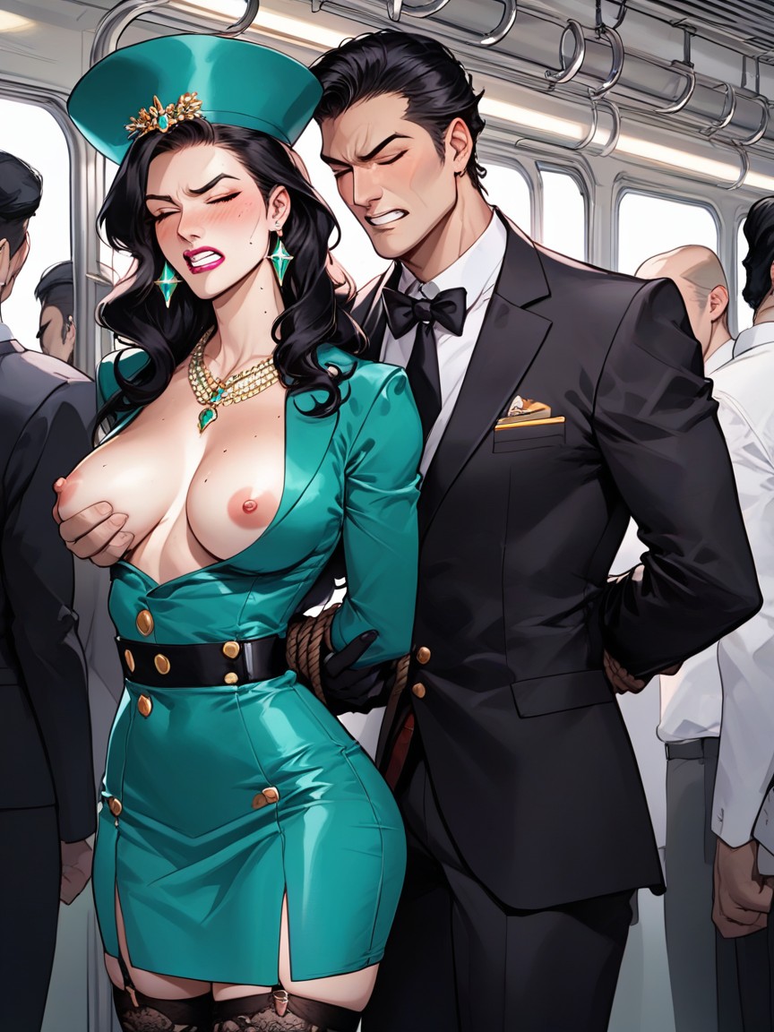 Man Behind Anita Is Grabbing Her Breast, Green Eyes, Purple Eyeshadows Freckles Hentai AI Porn