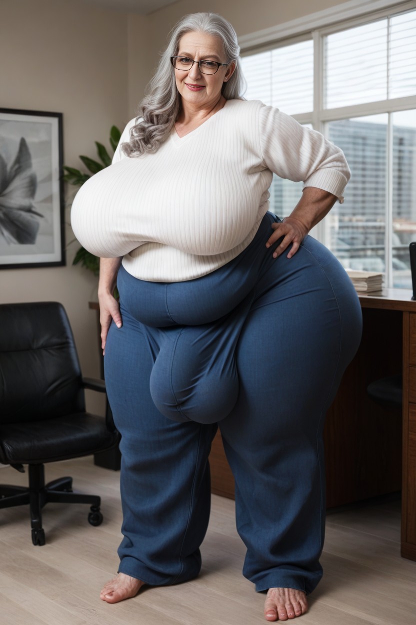 Breast Covered By Sweater, Thick Huge Detailed Cock Under Baggy Pants, Extremely Large Ass AI Porn