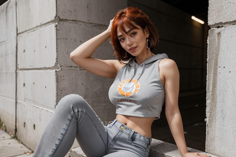 Asian, White Concrete Wall Background, Smirk AI Porn