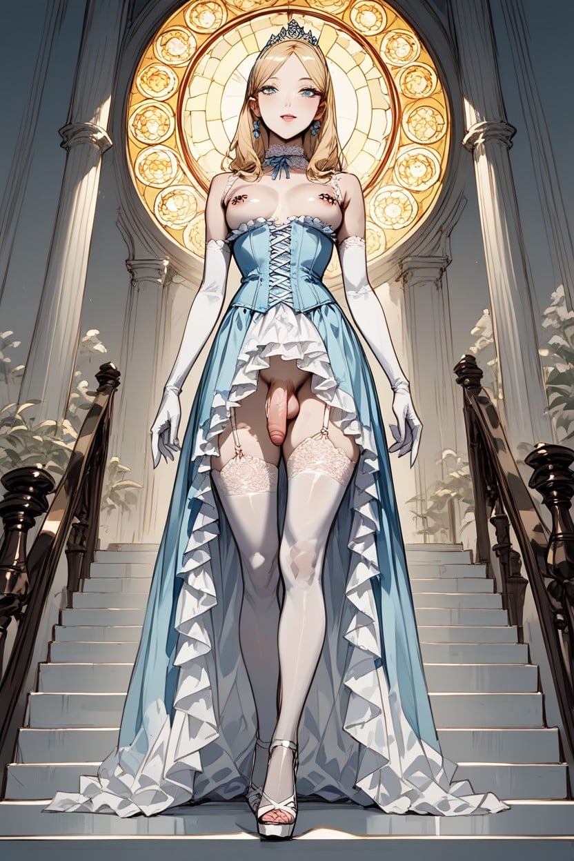 Light Blue Lacy Long Gloves, Puffed Shoulders, Small Ass Shemale AI Porn