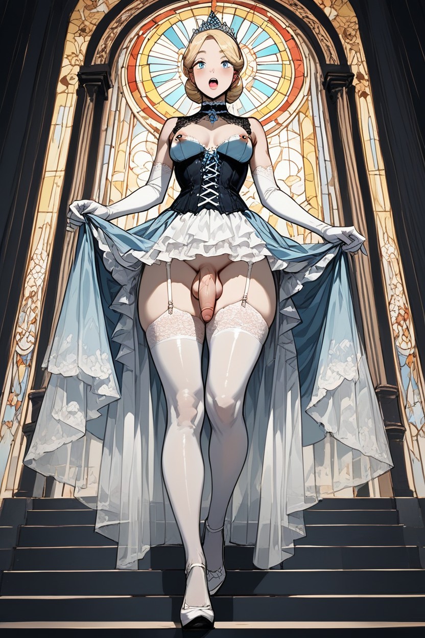 Grans Inner Thick Foreskin, Transparent Light Blue Dress, Pale White Skin Shemale AI Porn