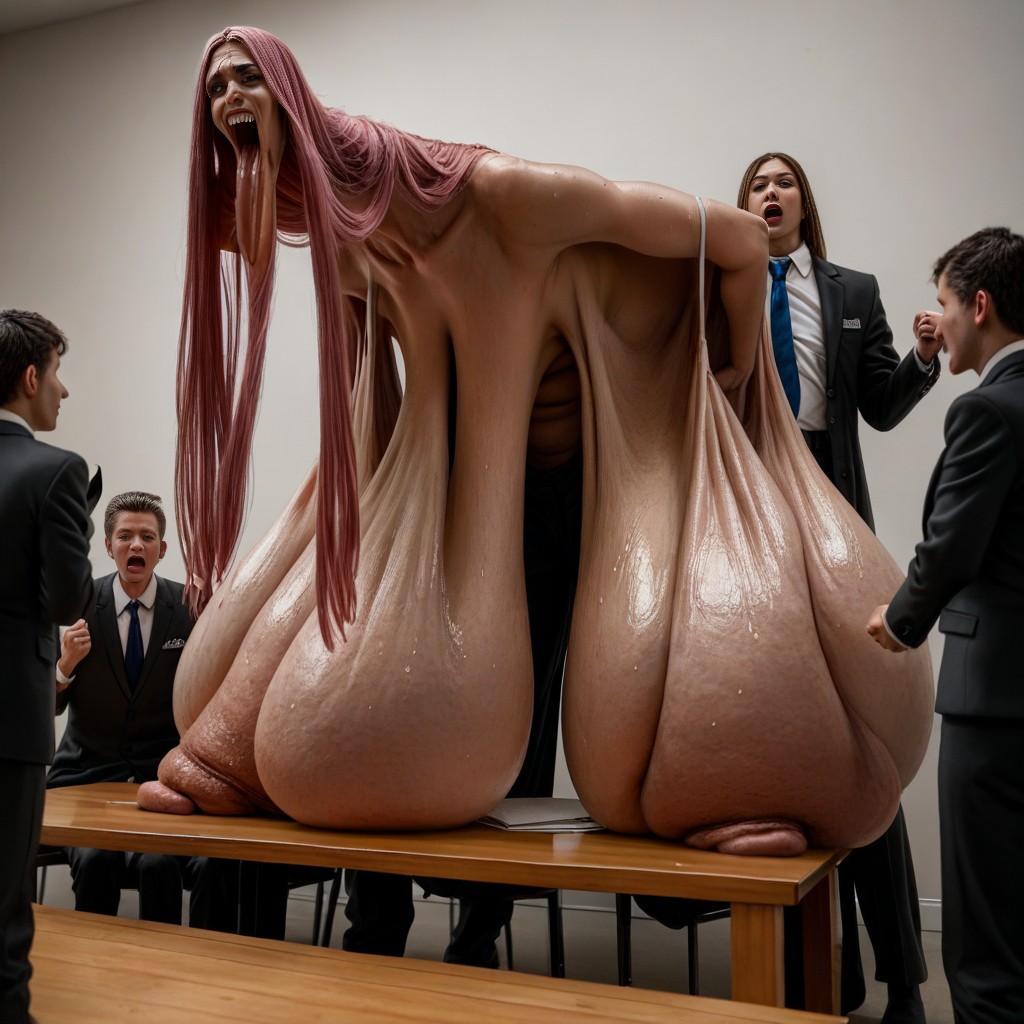 Flashing Boobs, Extremely Long Saggy Breasts, Pink Hair AI Porn
