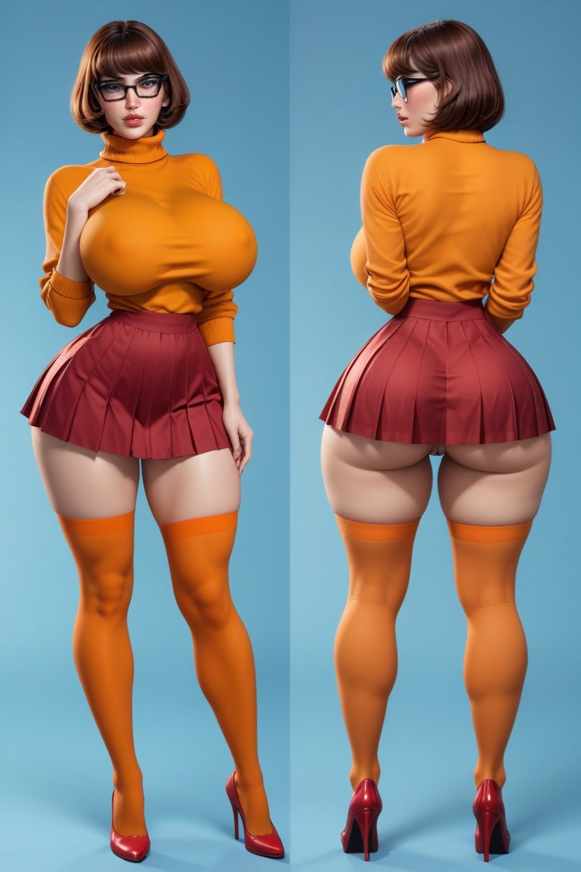 Orange Thigh Stockings, Extremely Waist, Touching Tits AI Porn