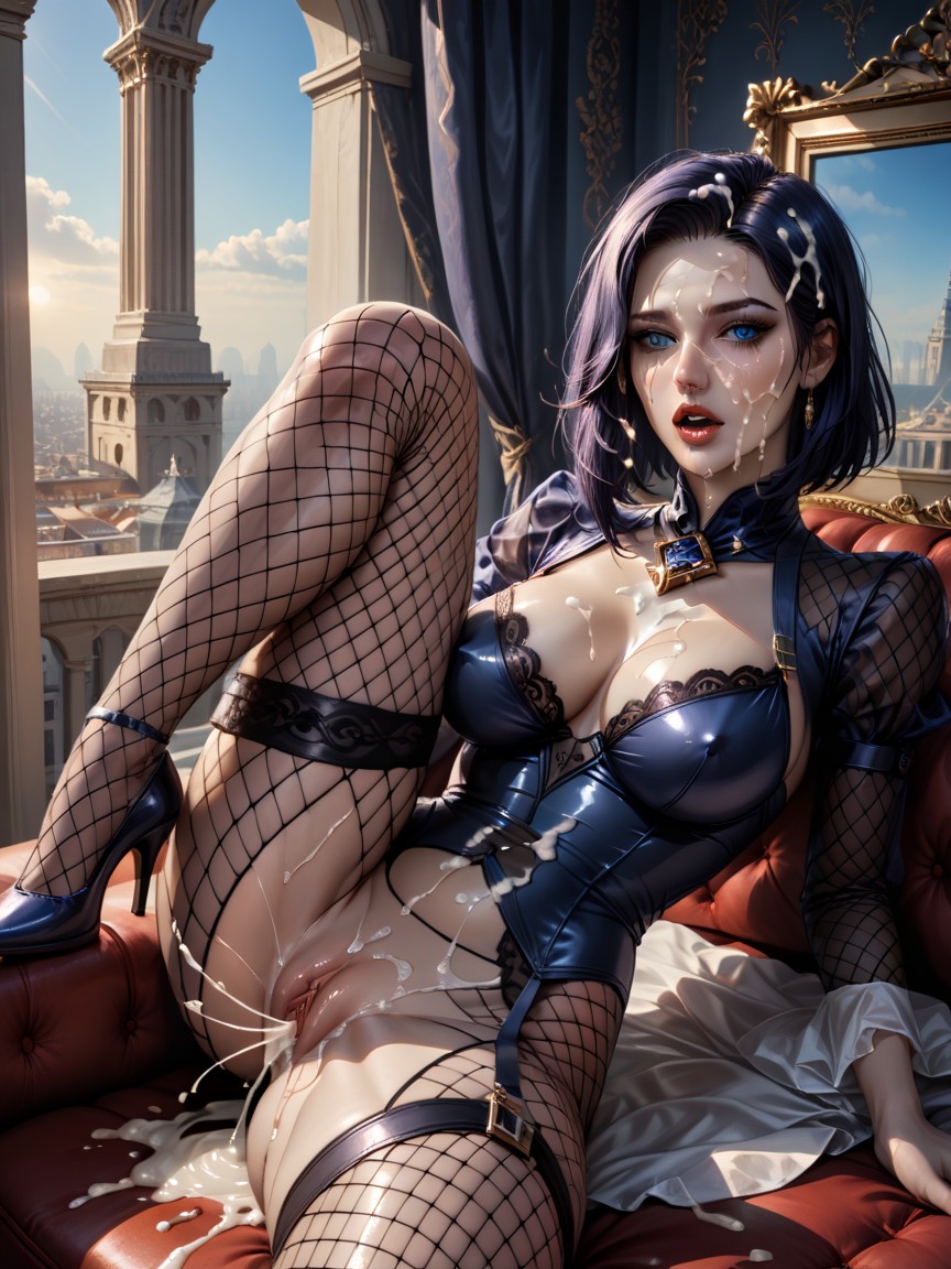 Caitlyn From League Of Legends, Laying, Panoramic Steampunk City Skyline Background Hentai AI Porn