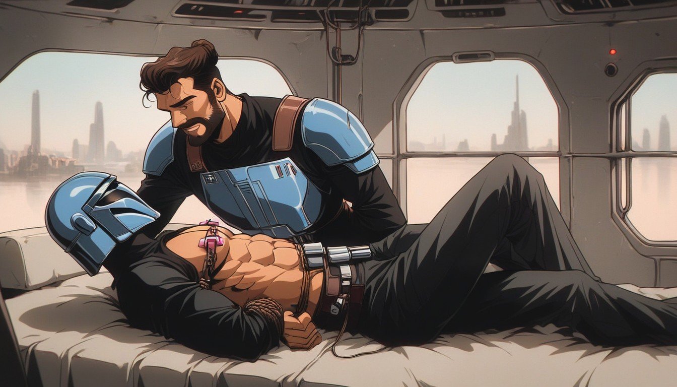 Man In Mandalorian Helmet From Star Wars, Lying With Hands Tied Behind Back, On Spaceship AI Gay Porn
