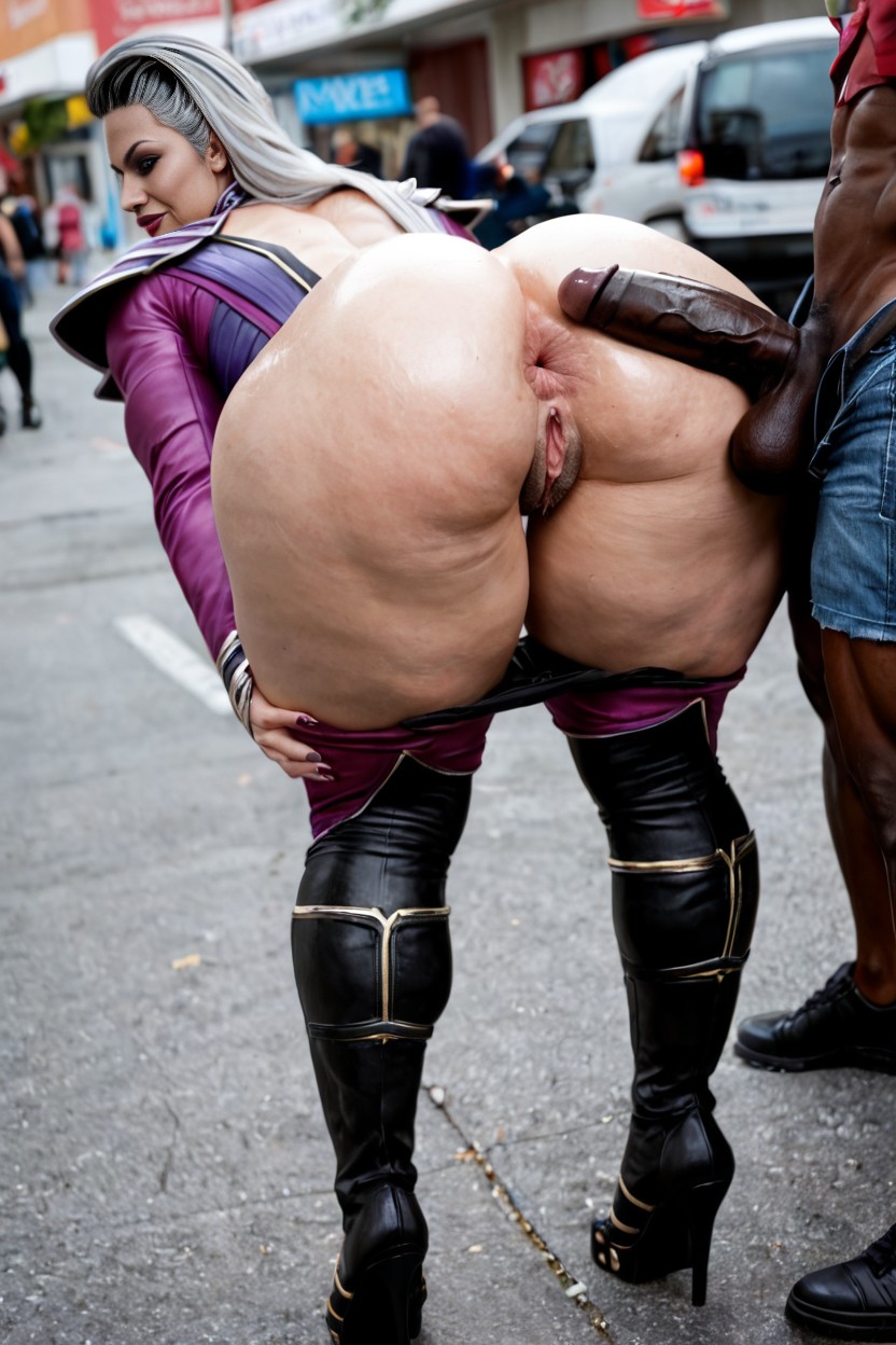 Anal Fucked In Crowded Street Background, Rear Sided View, Legs And Knees Together AI Porn