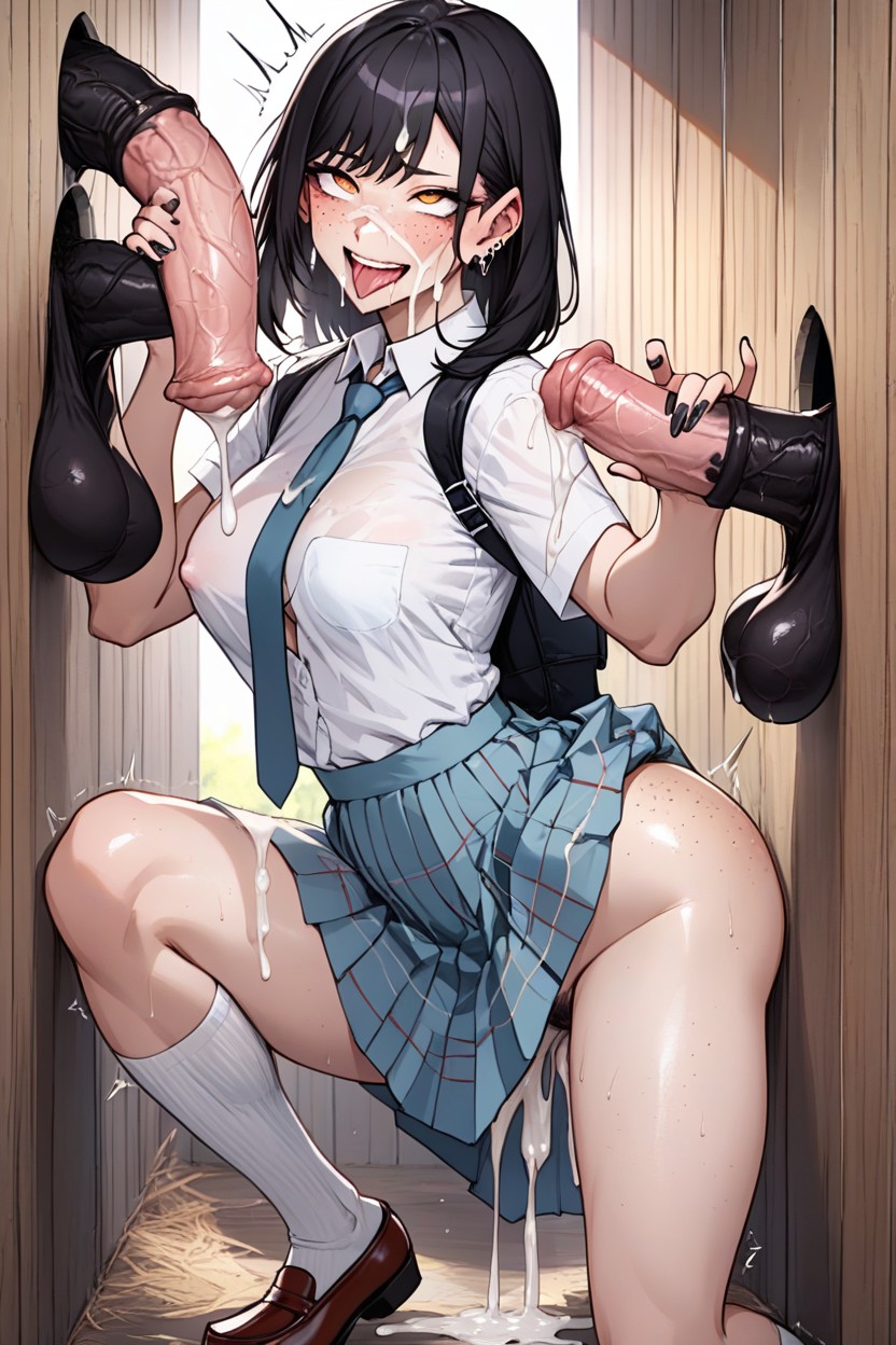 Agachándose, Calcetines Hasta El Muslo, Largo Hentai IA