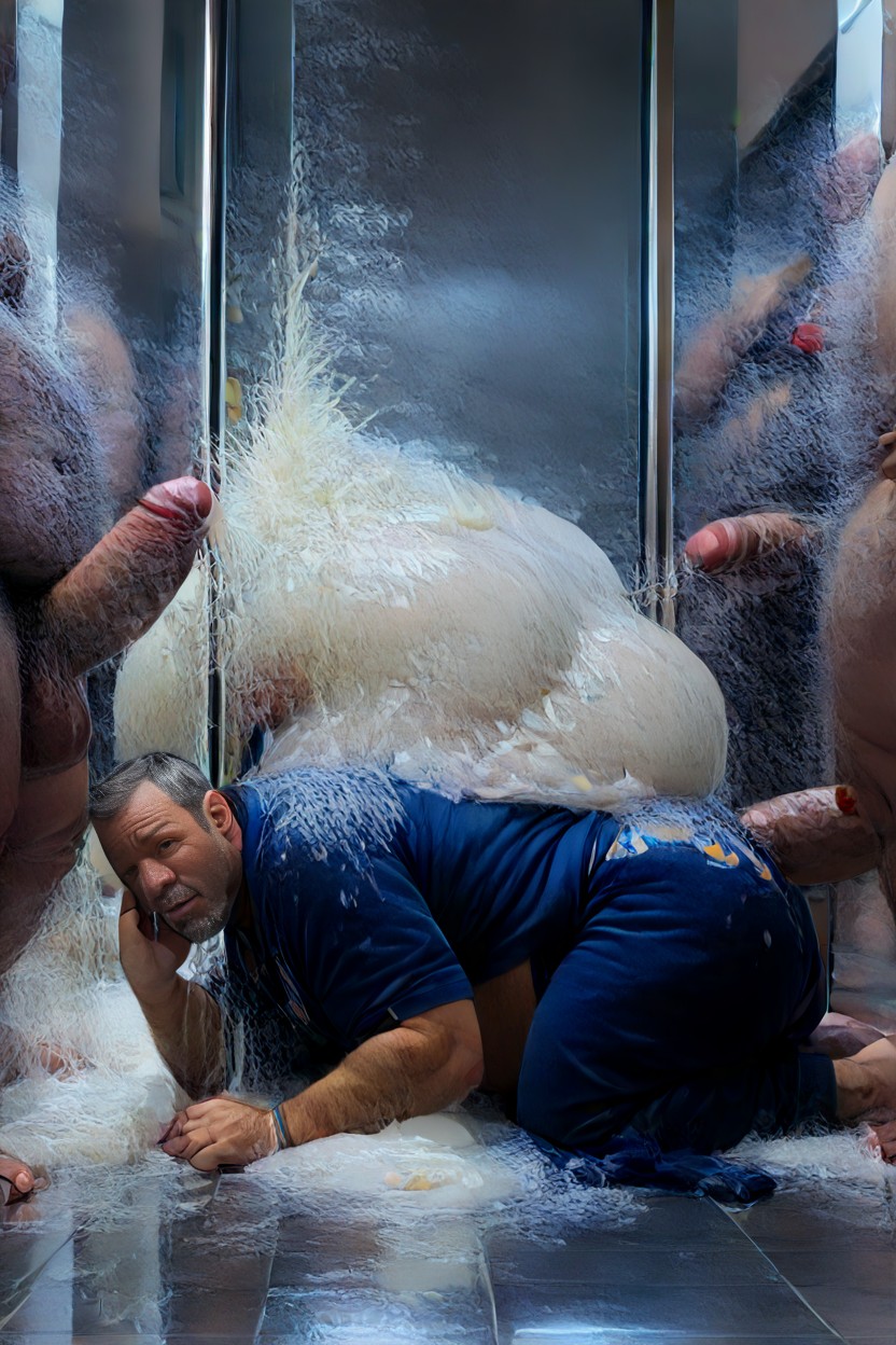 White Condoms Full Of Cum On Head And Chest, Thick, Big Belly AI Gay Porn